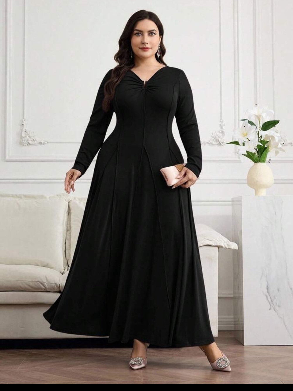Elegant Black Long-Sleeve Maxi Dress - Classic V-Neck S 3xl BTWOT